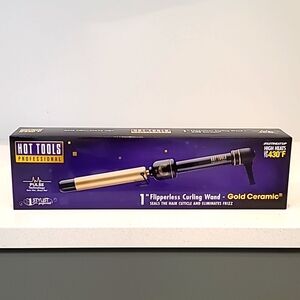 NIB Hot Tools 1" Flipperless Curling Wand in Gold Ceramic